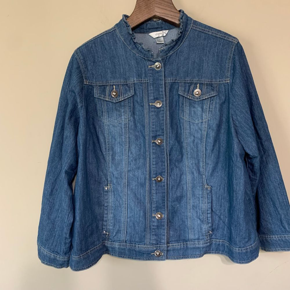 CJ Banks Ruffled Neck Hem Denim Jacket Silver Buttons Size 2X